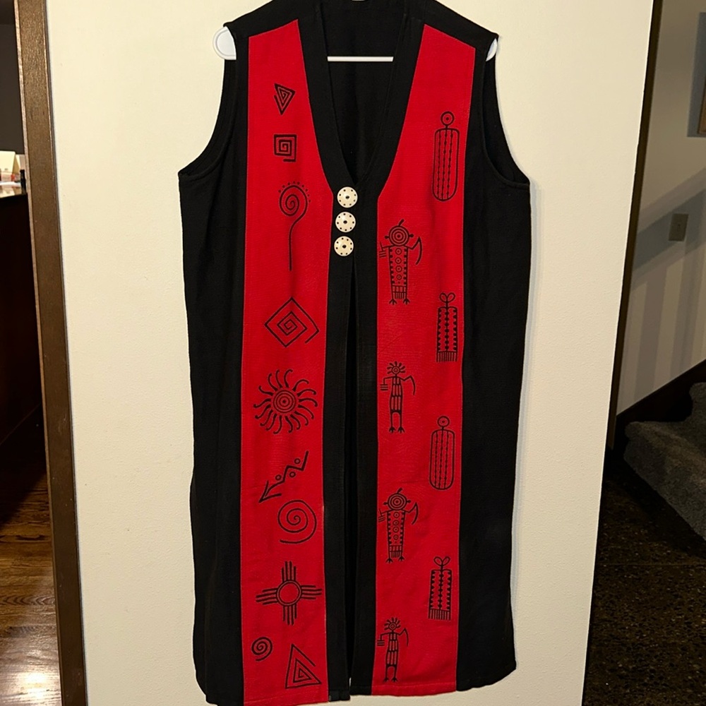 VENUS IMPORTS Red/Black Button Closure Art To Wear Duster Long Vest/Dress